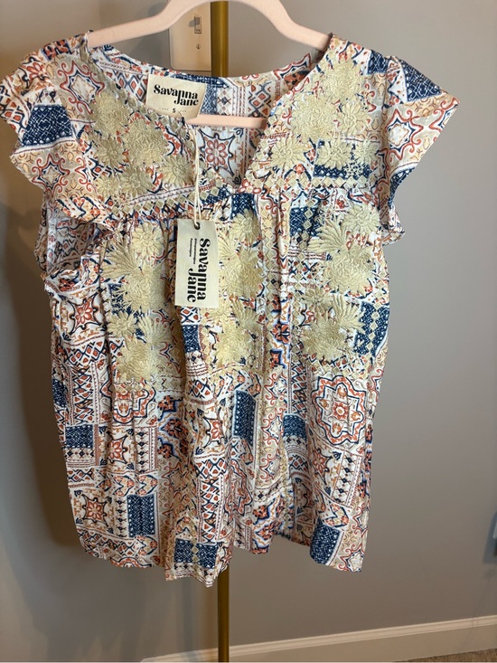 Savanna Jane Tops - Savanna Jane Cream Top with Navy & Rust Mosaic Print